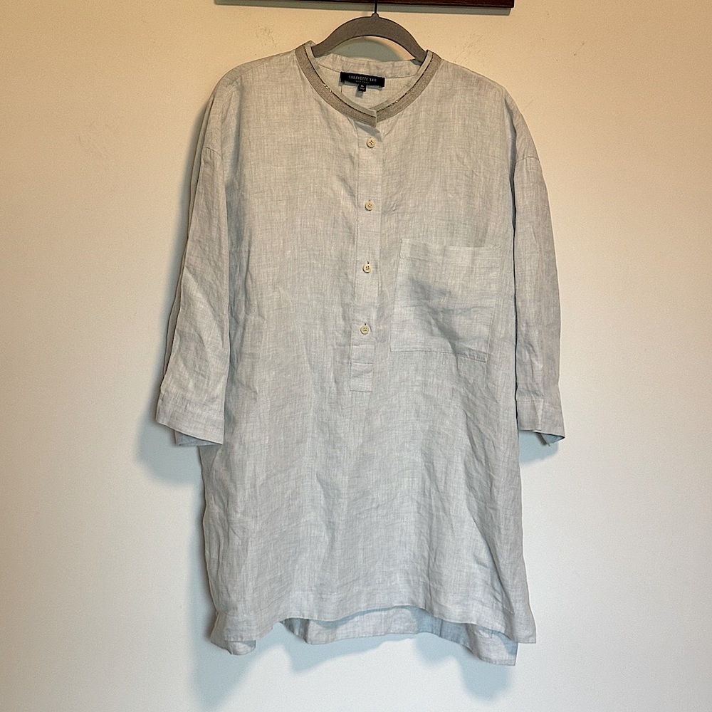 Lafayette 148 Light Blue Silver Metallic Linen 1/2 Button Tunic XL